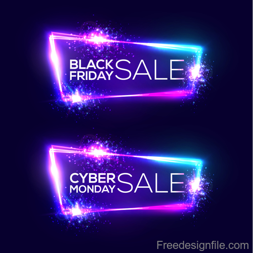 Black Friday sale banner with shiny neon vector