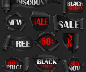 Black Friday sale labels with ripped open paper vector