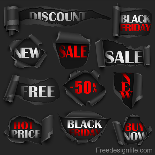 Black Friday sale labels with ripped open paper vector