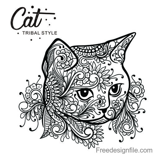 Cat head tribal style Hand drawn vector