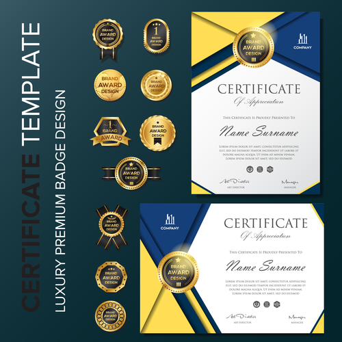 Certificate template with luxury premium badge vector material 01