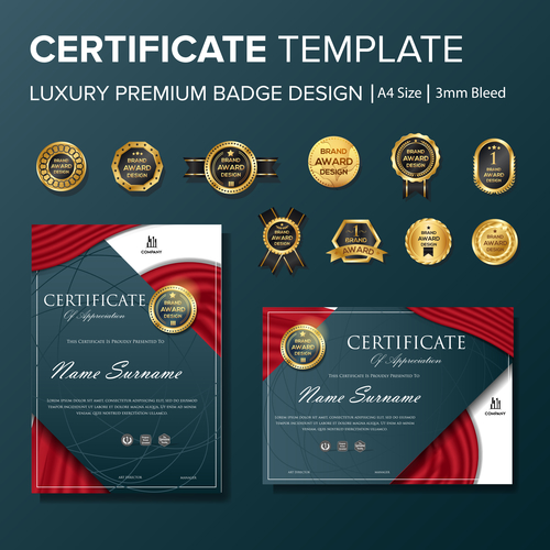 Certificate template with luxury premium badge vector material 06