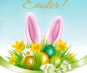 Easter background with grass and flowers and rabbit vector