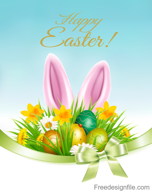 Easter background with grass and flowers and rabbit vector