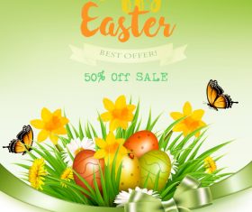 Easter sale background with grass and flowers and colorful eggs vector