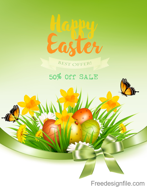 Easter sale background with grass and flowers and colorful eggs vector