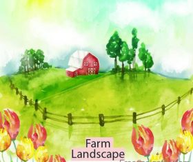 Farm landscape watercolor drawn vector 01