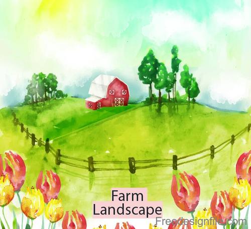 Farm landscape watercolor drawn vector 01