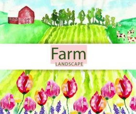 Farm landscape watercolor drawn vector 03
