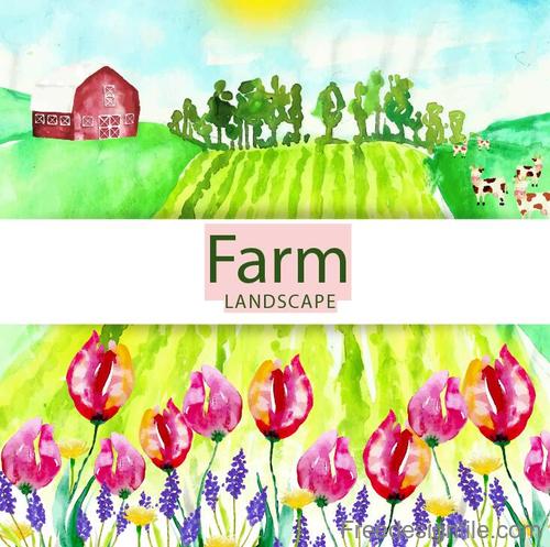 Farm landscape watercolor drawn vector 03