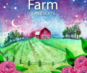 Farm landscape watercolor drawn vector 04