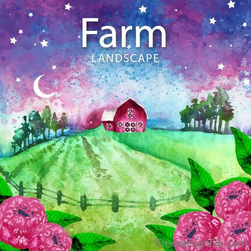 Farm landscape watercolor drawn vector 04