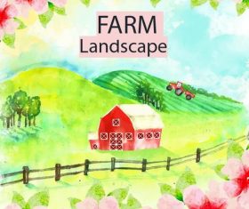 Farm landscape watercolor drawn vector 05