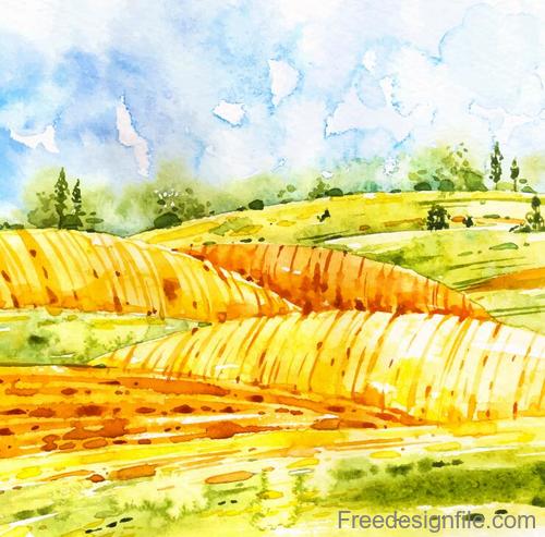 Farm landscape watercolor drawn vector 06