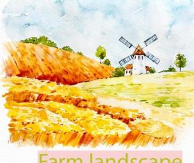 Farm landscape watercolor drawn vector 07