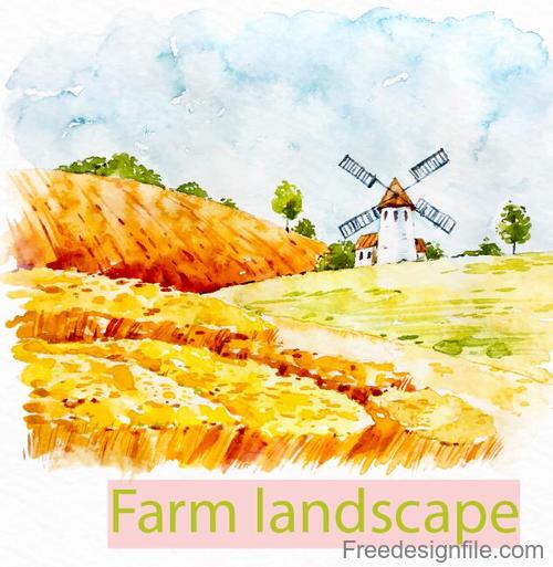 Farm landscape watercolor drawn vector 07