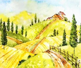 Farm landscape watercolor drawn vector 08