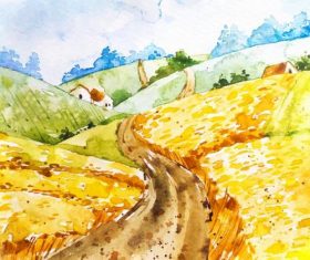 Farm landscape watercolor drawn vector 10