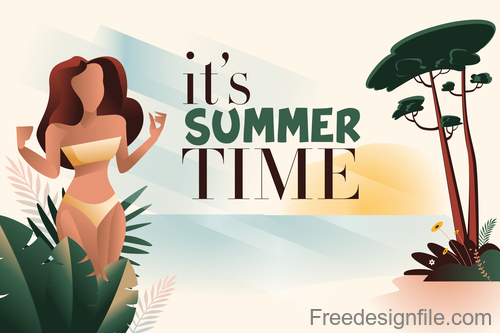 Girl with summer background design vector 01