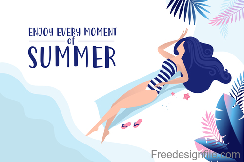 Girl with summer background design vector 02