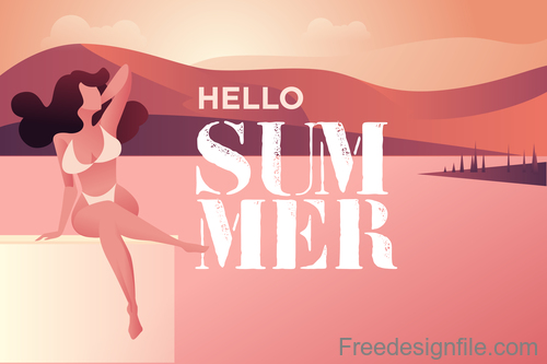 Girl with summer background design vector 03