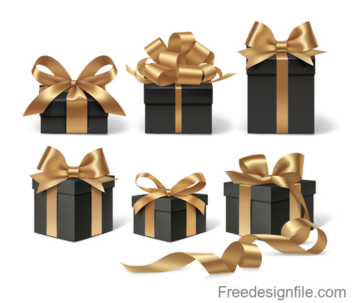 Gloden ribbon bows with black gift box vector 02