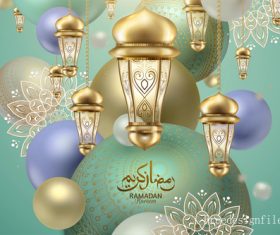 Gold lamp with ramadan kareem festival background vector