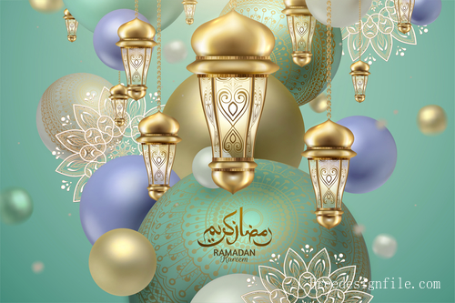 Gold lamp with ramadan kareem festival background vector