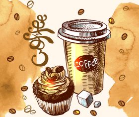 Hand drawn coffee with stain background vector
