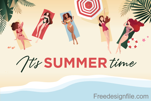 Happy women with summer beach vector