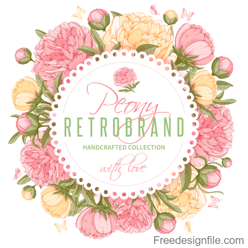 Peonies flower with retro card vector design 02