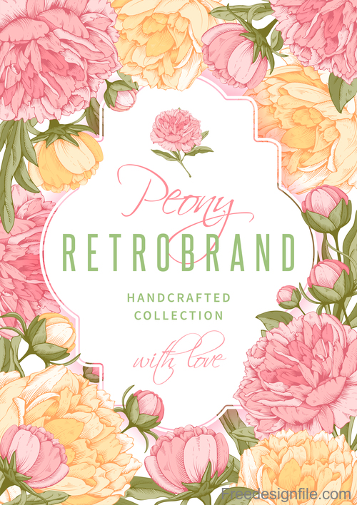 Peonies flower with retro card vector design 03