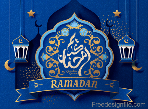 Ramadan kareem blue ornate background vector 02