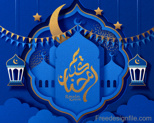 Ramadan kareem blue ornate background vector 03