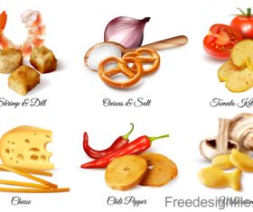 Realistic crackers snacks flavoring additive set vector