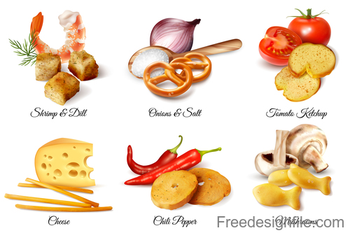 Realistic crackers snacks flavoring additive set vector