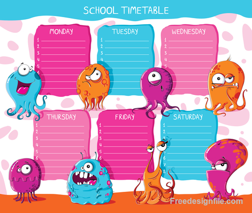 School timetable monsters vector illustration