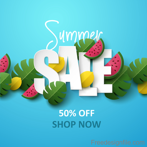 Summer background with leaves and watermelon vectors 04