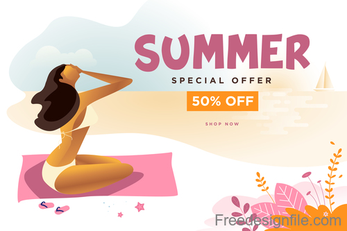 Summer sale background with girl vector material 01