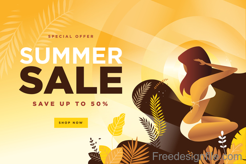 Summer sale background with girl vector material 02