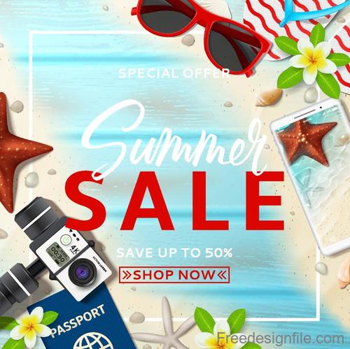 Summer sale with discount poster template vector 05