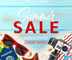 Summer sales and shop now poster design vector