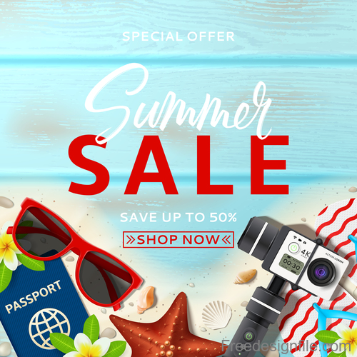 Summer sales and shop now poster design vector