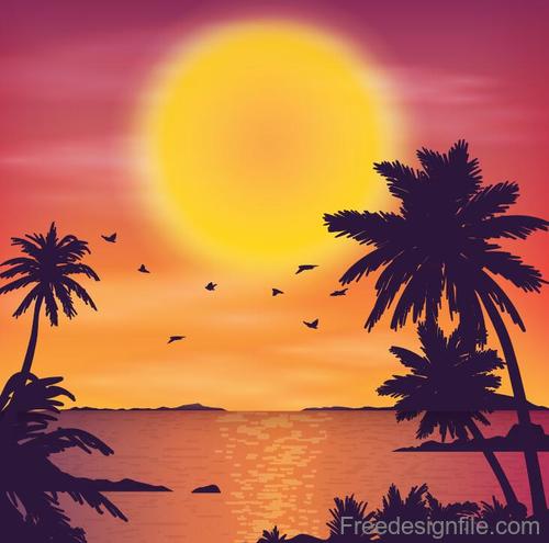 Summer seashore sunset landscape vector design 01