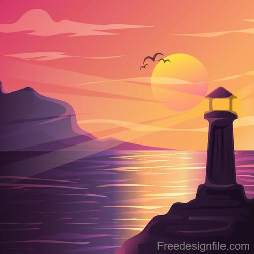 Summer seashore sunset landscape vector design 02