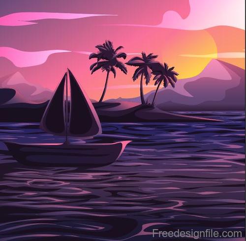 Summer seashore sunset landscape vector design 04