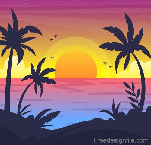 Summer seashore sunset landscape vector design 06