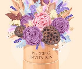 Wedding invitation card with bouquet vector 01