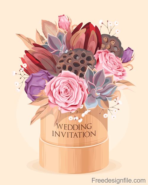 Wedding invitation card with bouquet vector 02