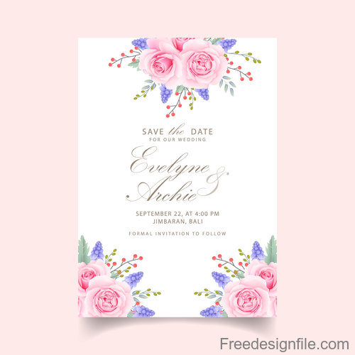 Wedding invitation card with pink flower vectors 01